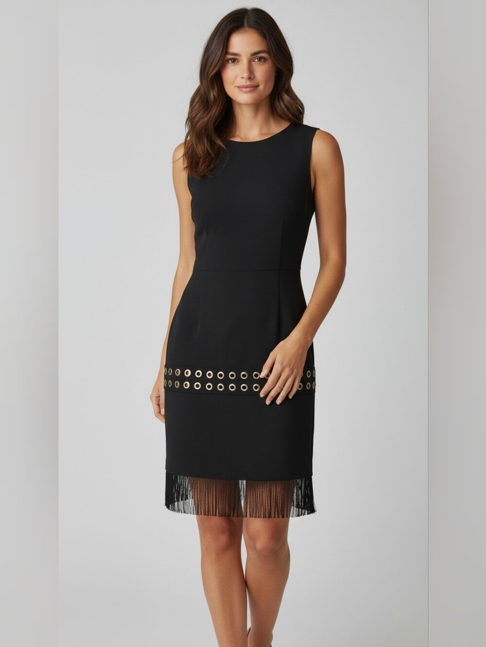 Elizabeth And James Sleeveless Black Fringe Hem Sheath Dress with Eyelet Detail
